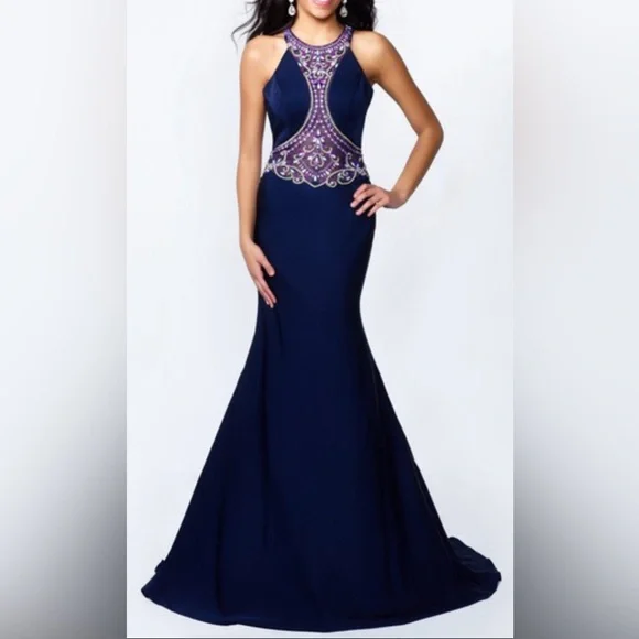 Abby Paris Formal Dress Size 8 Navy Blue Beaded Waist Train Gown AUTHENTIC NWT - Picture 4 of 15
